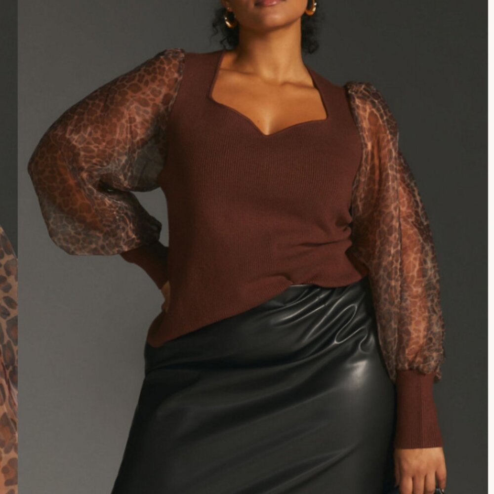 Anthropologie Dolan Animal Print Ribbed Puff Sleeve Sweater - Picture 1 of 8